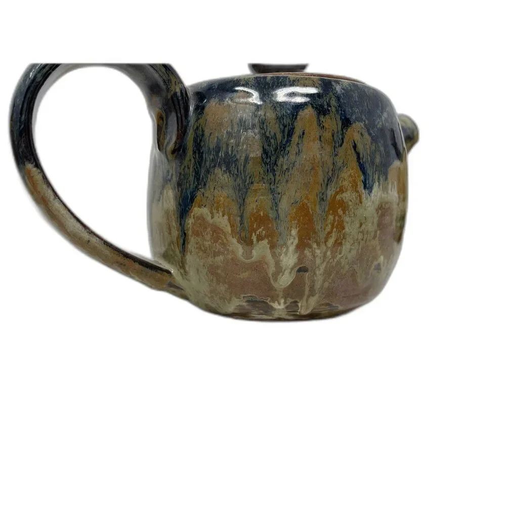Studio ART Pottery Stoneware TEAPOT Large Handle Brown Drip GLAZE Handmad Signed